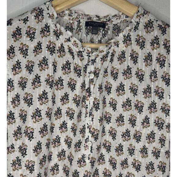 Talbots Ruffle High Neck Sleeveless Floral Silver Metallic Blouse Women Size PXL - Picture 3 of 7